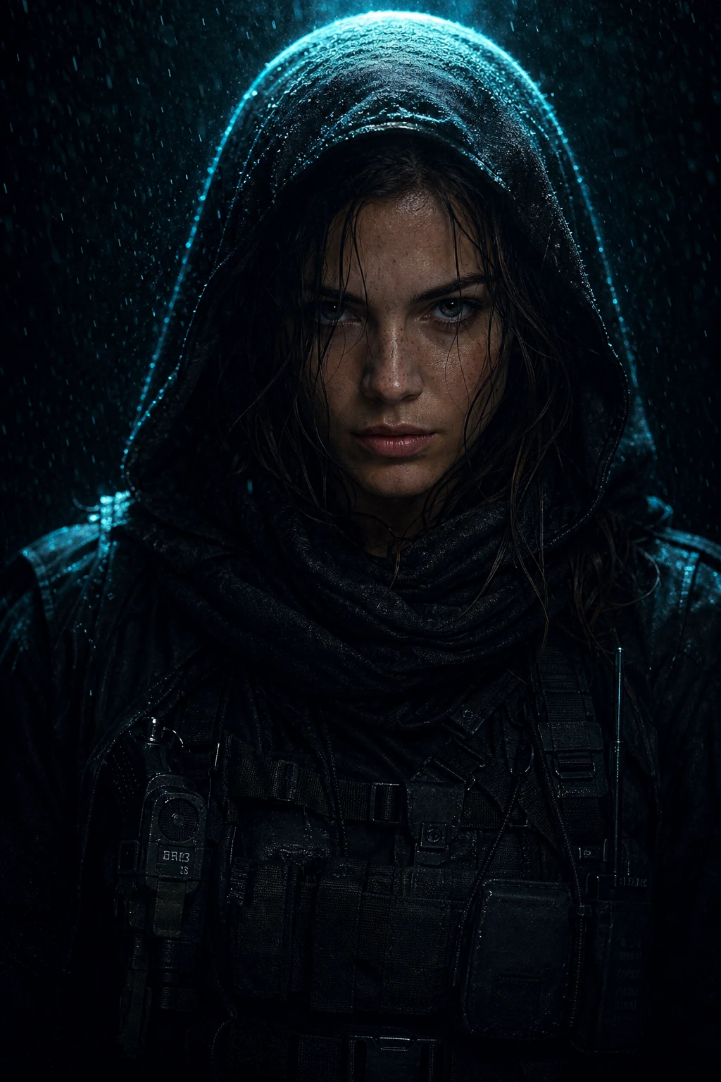 Character builder — Dystopian female portrait being composed in FairStack